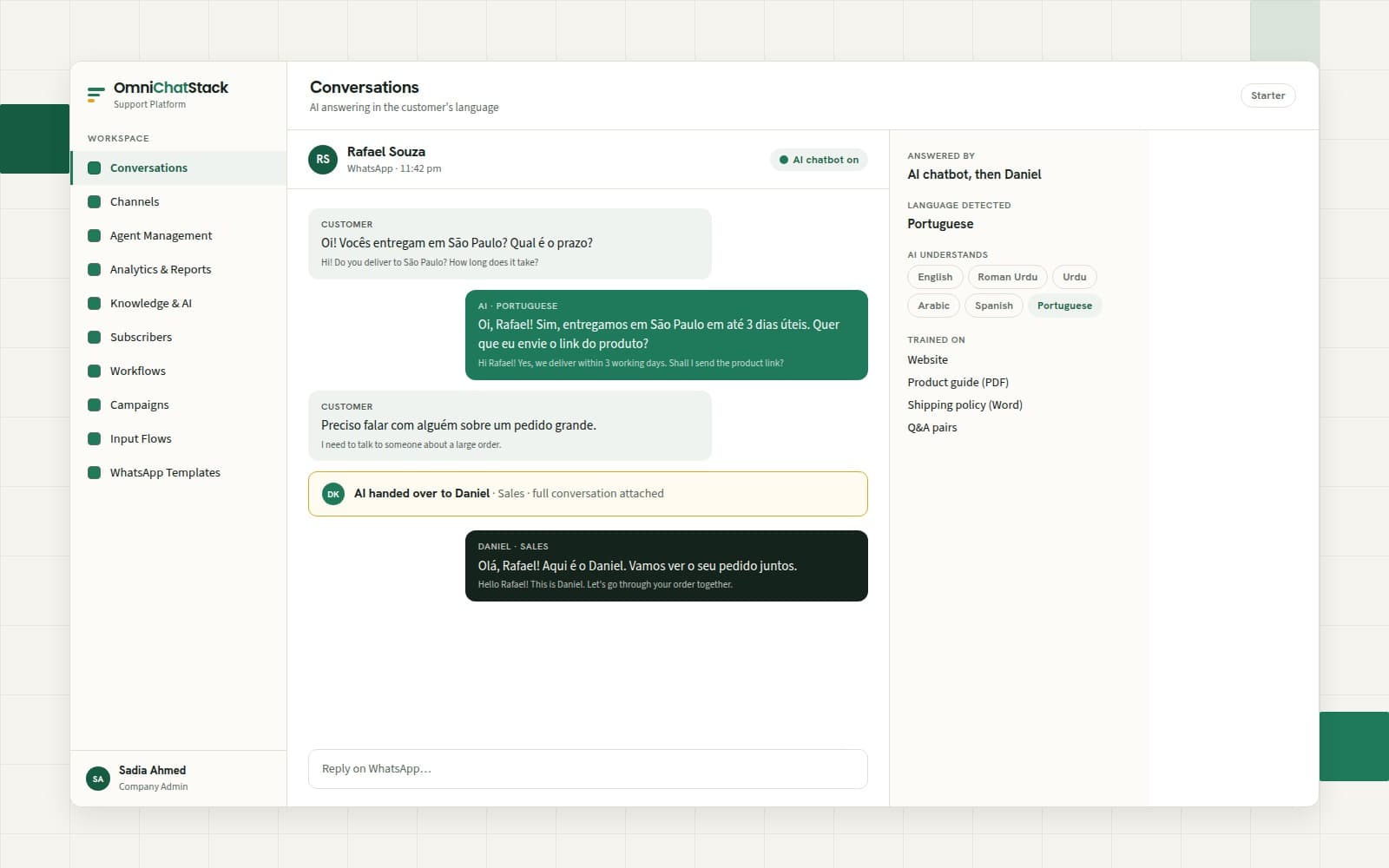 Omni Chat Stack AI receptionist transferring a WhatsApp call live, with a summary of the call for the agent